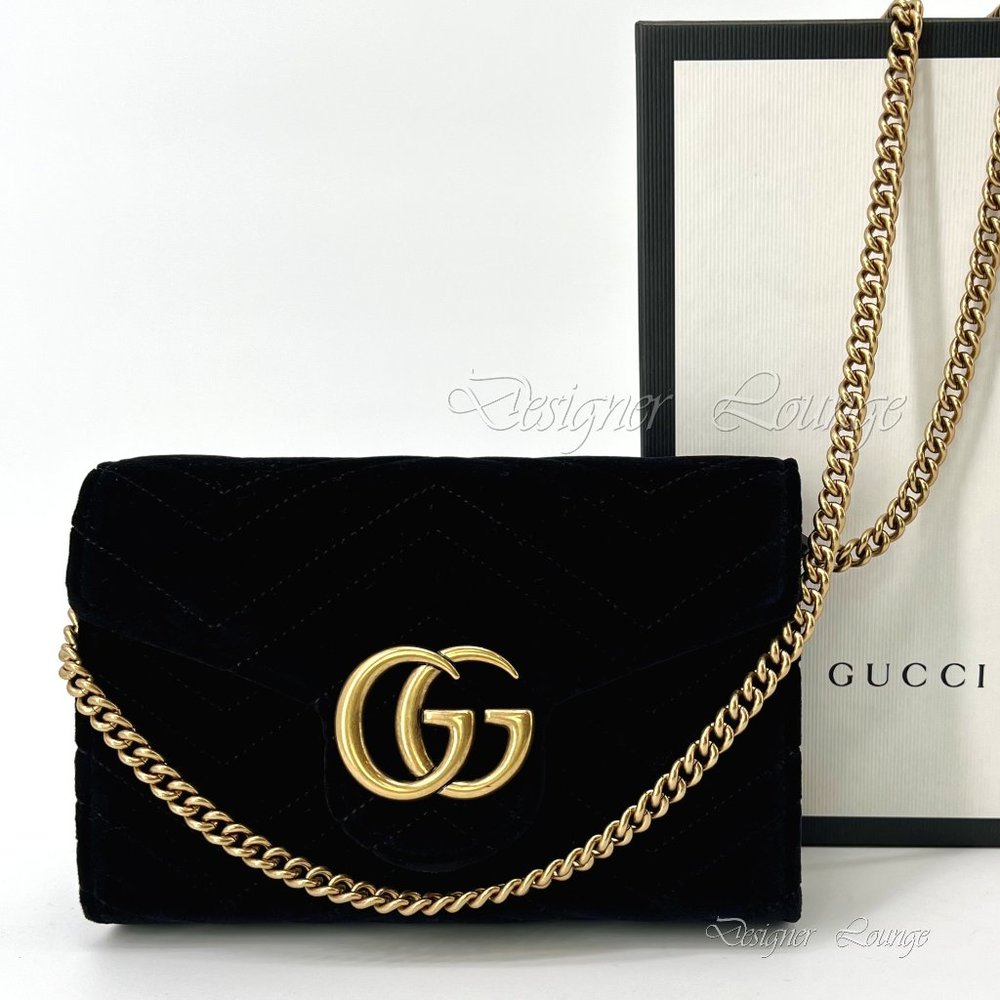 NEW GUCCI GG Marmont Matelassé Black Velvet Wallet On Chain / Crossbody Bag